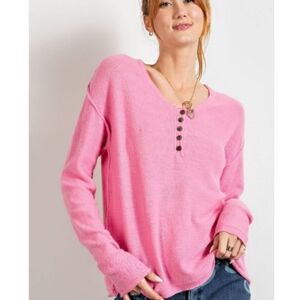 Easel Pink V-Neck Henley Sweater